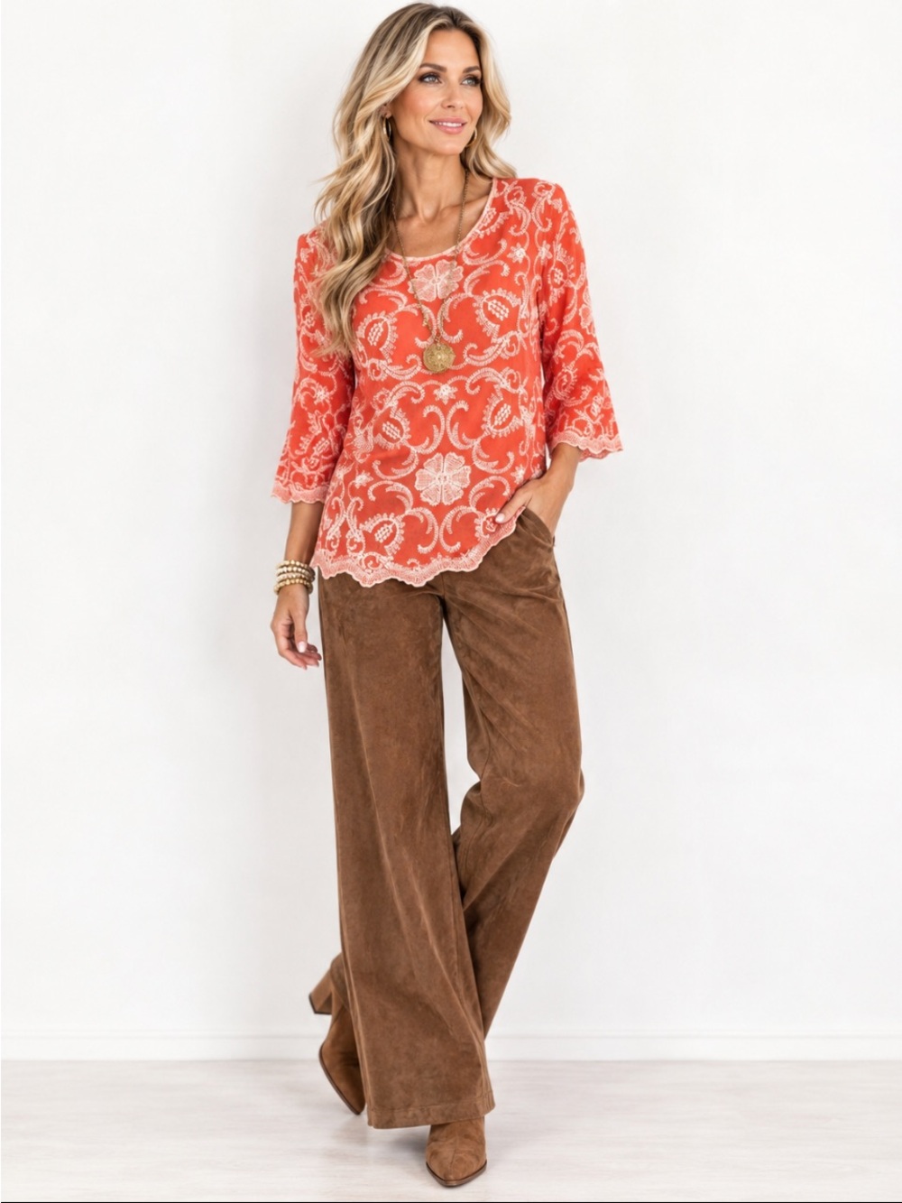 Solitaire Size Large Coral Embroidered Boho 3/4 Sleeve Top Size Large